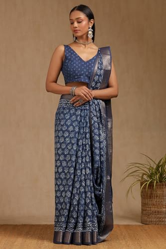 Soch Womens Indigo Viscose Block Print Saree