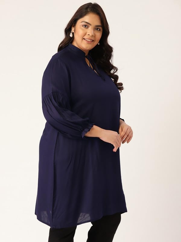 theRebelinme Plus Size Women's Navy Blue Solid Color Tie-Up Neck Tunic