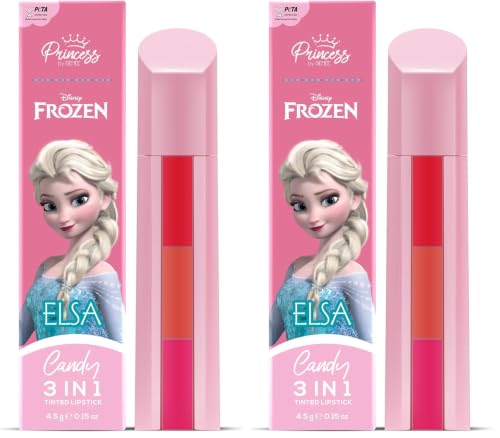 RENEE Disney Frozen Princess By Candy 3-In-1 Tinted Matte Lipstick Elsa For Pre-Teen Girls - 3 Versatile Shades In One Stick With No Parabens - Dermatologically Tested, Peta Certified 4.5G (Pack of 2)