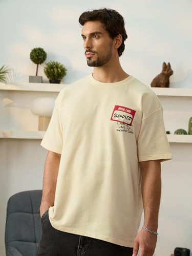 The Souled Store Friends: Chandler Bing Men and Boys Short Sleeves Round Neck Beige Graphic Printed Cotton Oversized T-Shirts