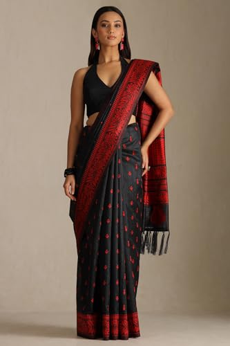 Soch Womens Black Tussar Woven Design Saree
