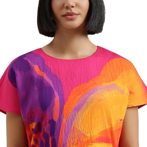 United Colors of Benetton Regular Fit Round Neck Floral Dress (Size : L) - 26P4WVNDR3X7I901 Pink