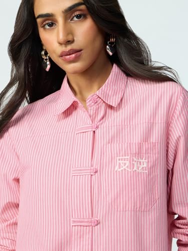 The Souled Store Sakura Dust: Women and Girls Full Sleeves Collared Light Pink Striped Cotton Regular Fit Embroidered Pocket Lightweight Comfortable Winter Shirt