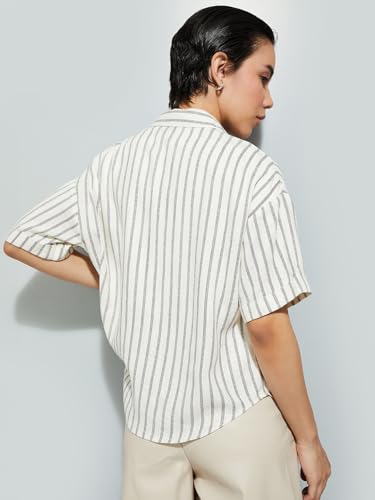 Max URB_N Women Embroidered Striped Oversized Shirt (Ivory_L)