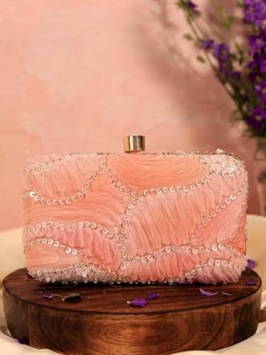 THE TAN CLAN Aqua Orange Box Clutch Purse For Women Stylish Ladies Handbag Bridal Wedding Fancy Ethnic Clutch Bag Designer Evening Hand Purse With Chain Strap And Metal Closure