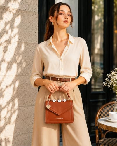 Caprese X Emily in Paris Tiara Small Satchel - Premium Textured Faux Leather Handbag for Women with Multi-Compartment Interior, Adjustable Detachable Strap & Exclusive Chain Flower Charm
