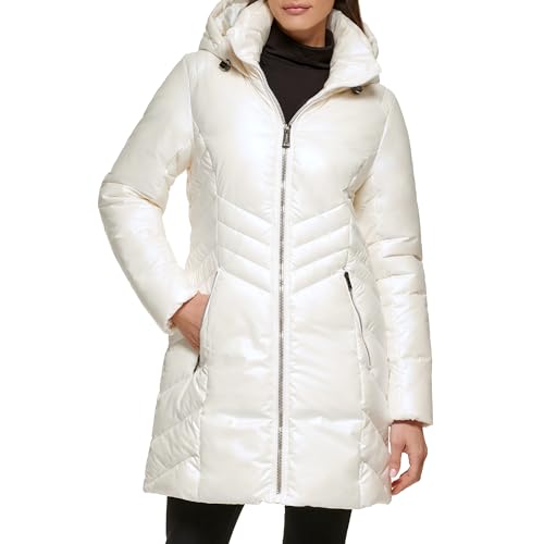 GUESS Women's Duvet Puffer Hooded Water Resistant Coat, White, XL