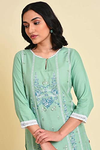 W for Woman Light Green Floral Printed Lace Rayon Straight Kurta and Slim Pant Set (ONWAS18662-120047-L)