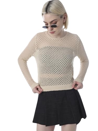 ONLY Women's Self Design Regular Fit Beige Top