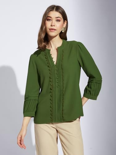 Latin Quarters Women Greenolive V-Neck 3/4th Sleeve Solid Tunic Blouse_M