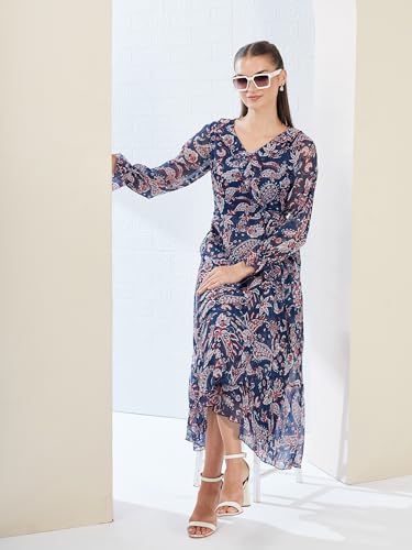 Miss Chase Women's V Neck Full Sleeves Polyester Relaxed Fit Midi Length Dress (MCAW25D85-78-178-02, Multicolored Base Navy Blue, XS)