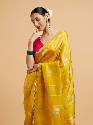 MOHEY Women's Mustard Satin Hand Embroidered|Cutdana|Stone Work Saree (Mustard)