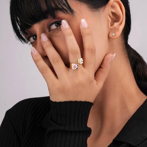 PALMONAS Pearl & Pink Floral Ring Gifts For Girlfriend (Size-Adjustable) | Gift For Women & Girls