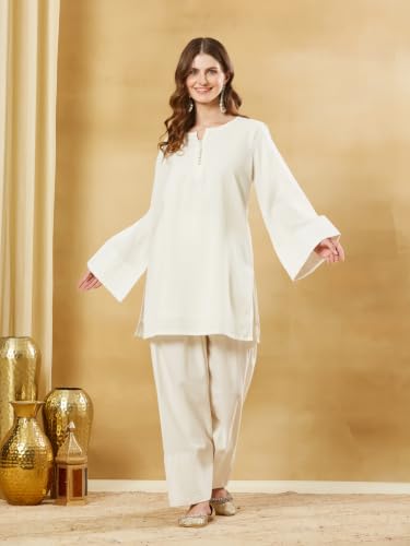 Divena Off White Solid Cotton Pathani Suit Set