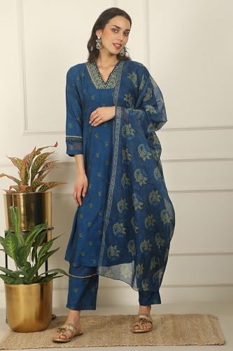 W for Woman Blue Floral Printed Embroidered Flared Kurta, Pants and Dupatta Set (Size: XL)-WS12127-124234