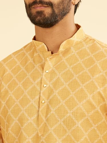Manyavar Men's Cotton Blend Geometric Printed Short Kurta (Mustard,L)