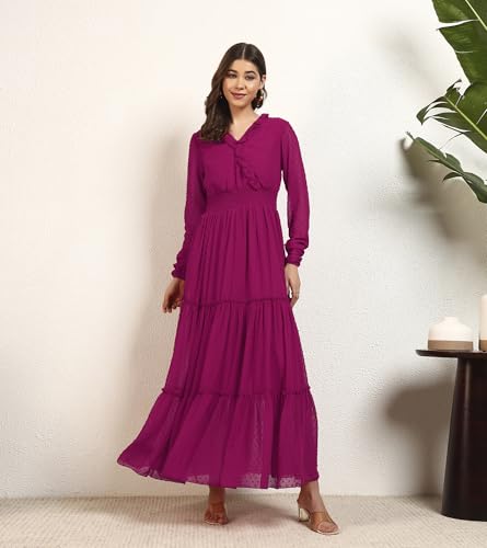 DEEBACO Women's Georgette Dobby Smocking Tiered Maxi Dress|Sleeveless|V-Neck Frill|Casual Trending Fashion Long One Piece Dresses Women Western(DBDR00002281_XL_Magenta)