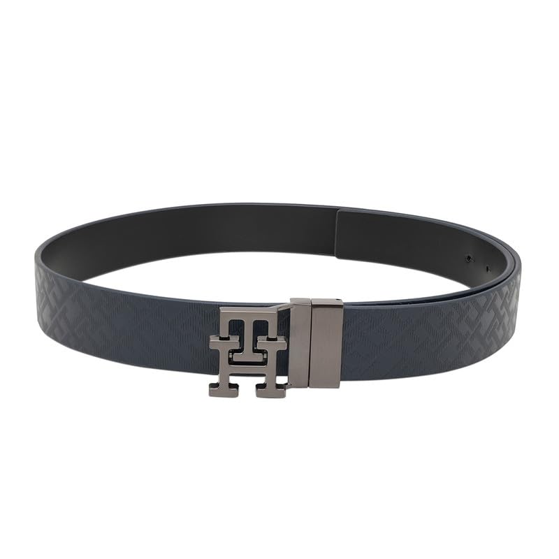 Tommy Hilfiger Men's Farley Reversible Leather Belt - Navy + Black - Brushed Gunmetal Monogram Buckle | S 80cm | Ideal for Gifting