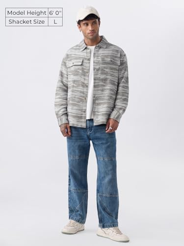 The Souled Store Jacquard: Ash Terrain Men and Boys Full Sleeves Spread Collar Button Front Textured Cotton Polyester Lightweight Everyday Casual Oversized Shacket