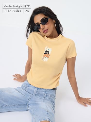 The Souled Store Pets On Prints: Women and Girls Short Sleeves Mock Neck Light Yellow Embroidered Cotton Regular Fit Breathable Lightweight Everyday Streetwear T-Shirt