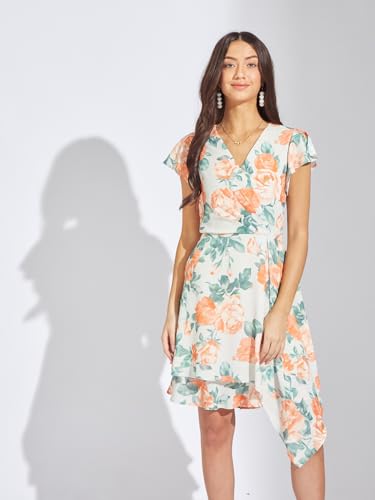 Latin Quarters Women Orange Printed A-Line Mini Dress | V-Neck | Half Sleeves | Zip Closure | 100% Polyester | Casual Wear