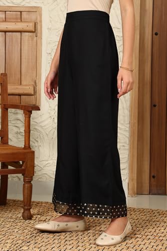 Black Solid Rayon Parallel Pants with Embellished Organza Hemline_24AUW63033-222376_S