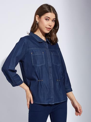 Latin Quarters Women's Blue 3/4Th Sleeves Collared Casual Solid Shirt_S