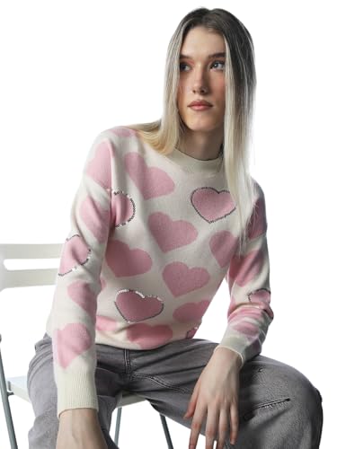 ONLY Women's Graphic Print Regular Fit White Sweater