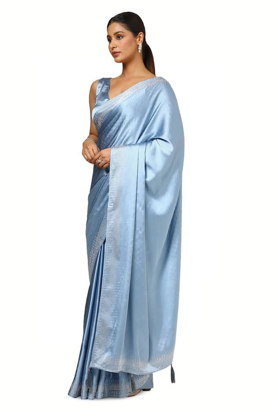 Soch Womens Powder Blue Satin Embellished Saree With Stone Work