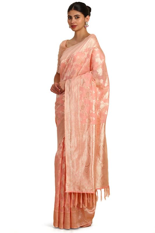 Soch Womens Peach Floral Woven Design Jacquard Weave Tussar Saree
