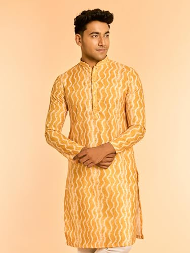 DIWAS BY MANYAVAR Men's Art Silk Leheriya Print Kurta Set (Yellow,XXL)