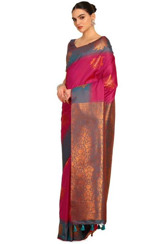 Soch Womens Fuchsia Floral Zari Woven Design Silk Blend Saree With Tassels