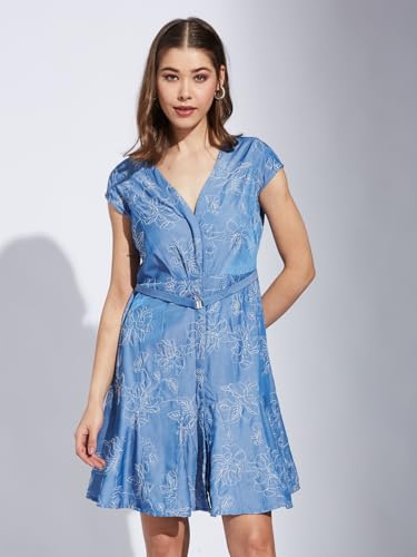 Latin Quarters Women Blue V-Neck Cap Sleeve Printed A-Line Dress_XL