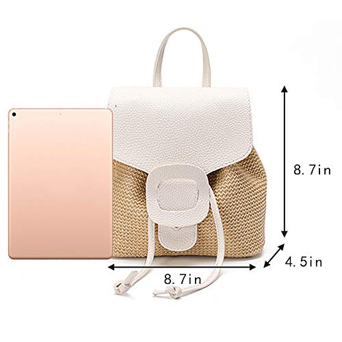 Hoce Straw Backpack Purse Mini Drawstring Flap Backpack for Women Girls Beach (White)