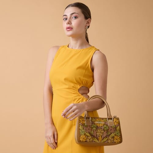 Caprese Siji Tresna Medium Satchel Bag for Women with Adjustable & Detachable Strap | Kashida Embroidery Shoulder Bag | Crossbody & Handheld Bag for Work, Travel, and Everyday Use (Brown)