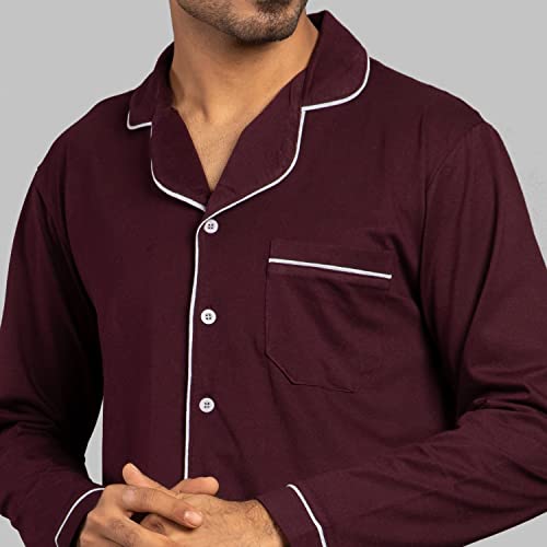 NITE FLITE Sangria Wine Mens Cotton Nightwear Full Sleeve | Top and Pyjama Set (Sangria Wine, XL)
