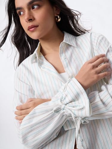 The Souled Store Cotton Linen: Prisma Women and Girls Full Sleeves Spread Collar White Striped Regular Fit Lightweight All-Season Cotton Linen Shirt