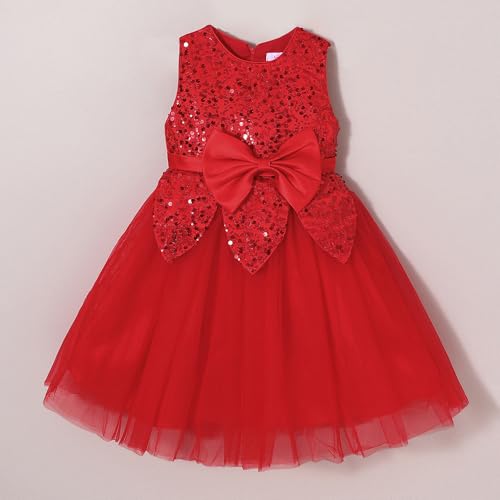 Hopscotch Girls Sleeveless Red Sequin Embellished Bow Dress for Age (6-8 Years)