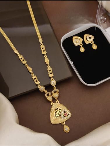 Seora Gold Plated chain Pendant earring Jewellery Set for Women, Traditional Necklace & Earrings with Red Stone and CZ Diamond for Weddings & Parties