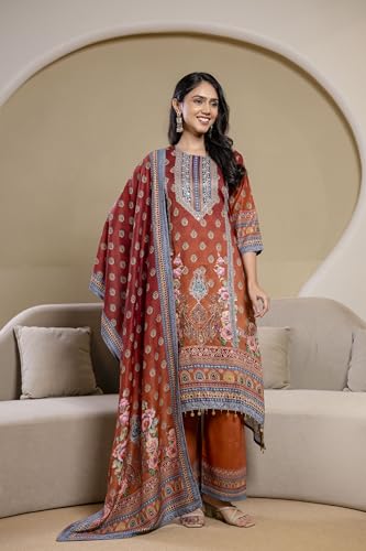 NIVANA Embroidered & Printed Asymmetric Kurta with Palazzo & Printed Dupatta| S | Rust | Paisley & Floral Print | 3 Piece Ethnic Set