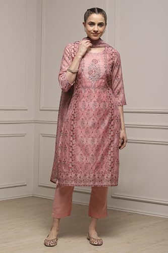 Biba Women Pink Chanderi Blend Printed Embroidered Unstitched Suit Set_FREE SIZE