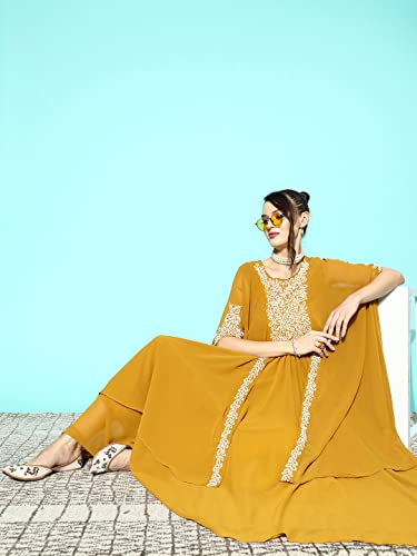 LYMI LABEL Gown For Women - Georgette sequence Embroidered Floor length Exaggerated Sleeves Fit & Flared Gown (Mustard)