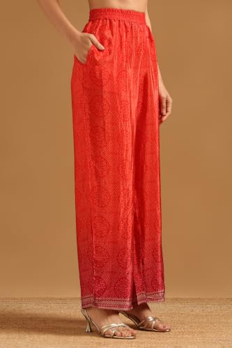 Soch Womens Red Crepe Botanical Printed Kaftan Suit With Sequins