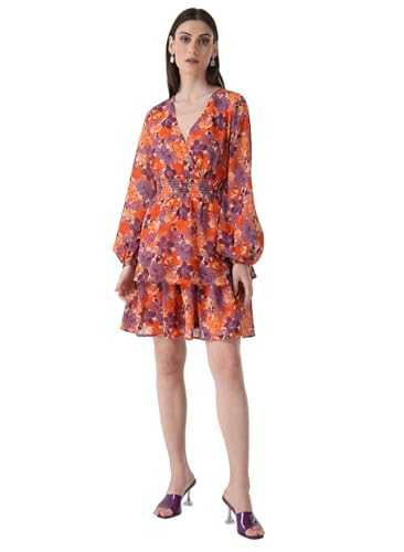 Kazo Solid V Neck Poly Blend Women's Mini Dress (Peach, Small)