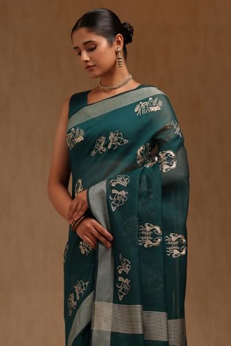 Soch Womens Green Chanderi Warli Print Saree With Thread Work