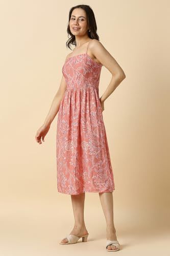 Allen Solly Women's Nylon Blend Modern Calf Length Dress (AHDRCRGFN65290_Peach