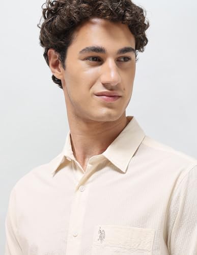 U.S.Polo Association Men's Regular Fit Seersucker Shirt (USSHT3336H_Ivory_46)