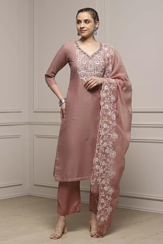 Biba Women Beige Mul Chanderi Blend Hand Embroidered Unstitched Suit Set_FREE SIZE