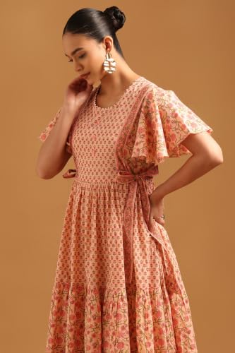 Soch Womens Peach Pure Cotton Botanical Dress with Bead