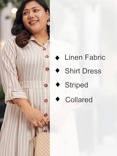 wild U Women Plus Size Shirt Dress | Linen Fabric | Midi | Striped | Long Sleeve | Western Formal (White Beige, Size: 5XL)